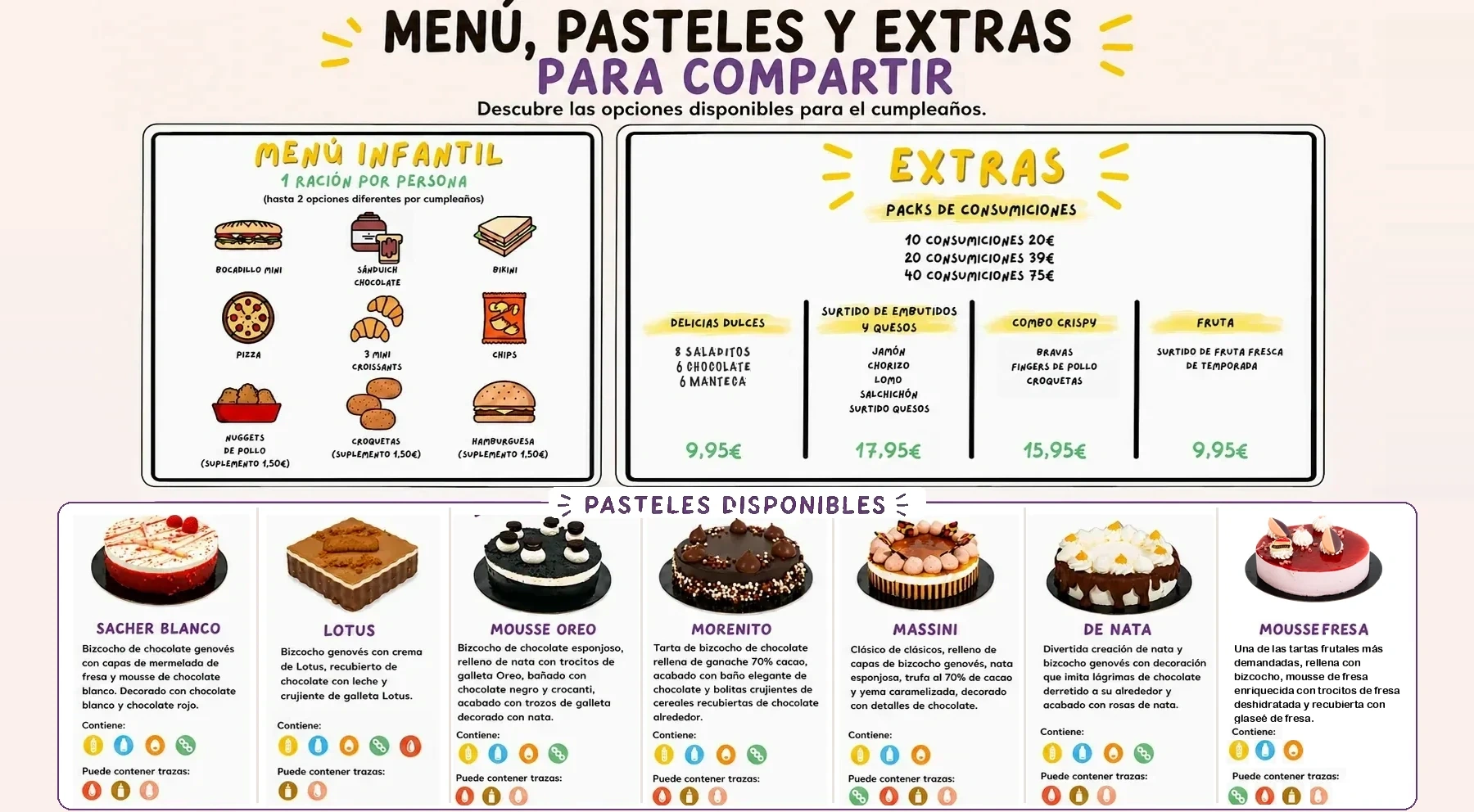 Carta visual de menú infantil, extras para compartir y pasteles para celebraciones en L’Ametlla. Delicias dulces: 8 saladitos, 6 cruasanes pequeños de chocolate y 6 cruasanes de manteca
